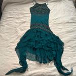 Deadstock vintage silk teal beaded dress with flutter mermaid asymmetrical hem Blue Photo 5