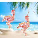Christmas Flamingo Earrings New Santa Hat Holiday Lights Glitter Accents… Pink Photo 0
