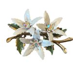 Vtg Edelweiss Floral Brooch Pin Hand Painted Flower Etched Rhinestone UNSIGNED Photo 2