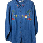 White Stag White Stag 22W/24W Blue Denim Shirt Vintage Tropical Christmas Embroidered Photo 0