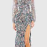 Mac Duggal Gray Embellished Illusion Long Sleeve Faux Wrap Gown NEW Photo 0