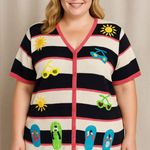 Hampshire Studio 2X Summer Cardigan —Striped Beach Theme Embroidered Sweater Top Blue Size XXL Photo 0