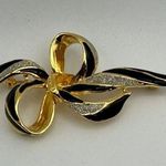 1980s Gold Plated Black Enamel Sparkly Diamanté Bow Brooch Party Evening Outing Photo 0