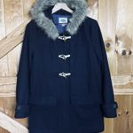 Old Navy Woman's Medium Navy Blue Duffle Toggle Coat Faux Fur Hood Zip Front Photo 0