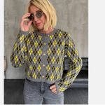 ZARA NWT Argyle Heavy Knit Cardigan Jumper Grey Green Yellow Wool Blend Photo 3