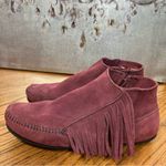 Minnetonka  Lacy Fringe Suede Burgundy Moccasin Booties Size 9 Photo 5
