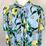 INC New Floral Print Ruffle Overlay Tie Neck Long Sleeve Blouse Blue Yellow Photo 10