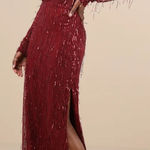 Lulus NWOT Sheer Fascination Burgundy Sheer Mesh Sequin Fringe Maxi Dress Photo 0