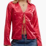 Free People Star Eyes Crinkle Satin Top - Retro Red M Photo 0