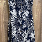 Old Navy Blue White Leaf Pattern Buttoned Linen Sun Dress, Small Photo 0