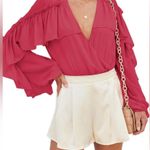 Skyler Rose Long Sleeve Wrap V Neck Ruffle Bodysuit Jumpsuit Sexy Drape Blouse Photo 3