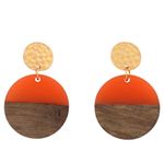 Orange Wooden Geometric Earrings - Round Circle Acrylic Resin Lightweight Wood Photo 2