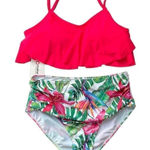 Patpat Womens Two‎ Piece Swimsuit Ruffle Bikini Top Tropical Print Large Pink Photo 0