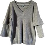 Skies Are Blue  Sweater Tiered Bell Sleeve V Neck Rib Trim Pullover Gray Small Photo 0