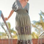 Floral Green Maxi Dress by T. ZOVICH Mixed Media Smocked Waist Crochet Trim Size M Photo 5