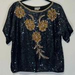 Vintage 80s Cee Cee All Over Sequin Floral Daisy Black Top E18 Size M Photo 0