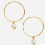John Wind Gold and White Cotton Pearl Hoop Earrings Photo 0
