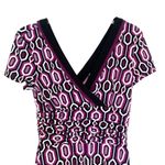 Studio I Purple Black Trim Printed Midi Formal V Neck Short Sleeve Dress Size 6 Photo 2