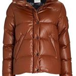 SAM. Isabel Vegan Down Puffer Jacket Faux Leather Stowaway Hood Saddle Brown S Photo 0