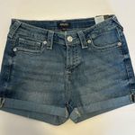 True Religion Shorts Jennie Curvy Mid Rise Super Skinny Raw Roll Hem Medium Wash Photo 0