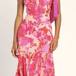 Lulus Pink Floral  Tiered Halter Midi Dress Photo 0