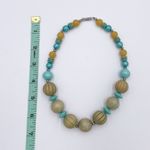 Vintage Chunky Wooden Circle Beads Mixed Materials Necklace Teal Blue Beige Boho Tan Photo 8