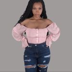 NWT Parisian Off Shoulder Ruched Sheer Top Womens 8 Black Romantic Coquette Pink Photo 2