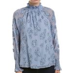 Rebecca Taylor ✨ Smocked Neck Silk Rose Print Sz. 10 Blouse Light Blue Metallic✨ Photo 6