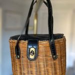 Vintage Wicker Basket Purse with Black Faux Croc Leather Trim & Gingham Lining Brown Photo 0
