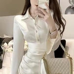 Elegant White Satin Mini Dress with Diamond Buttons & Side Zipper – Long Sleeve, Ruched Waist, Size Small Photo 0
