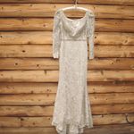 Mac Duggal NWT 11187 Gold Embroidered Lace Applique Shoulder Detail Trumpet Gown Photo 3