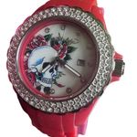 Ed Hardy NIB Love Kills Slowly Watch Swarovski Crystals & Red Pink Band Y2K Photo 1