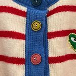 Striped Thick Knit Heart Patch 3/4 Sleeve Cropped Cardigan Sweater Red Photo 7