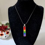 🌈 Silver Rainbow Bar Pendant on Black Leather Necklace Pink Photo 0