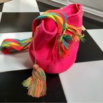 Wayuu NEW Artisan Handwoven Crossbody Drawstring Bucket Bag Neon Pink Tassels Photo 2