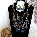 Gold Abstract Blue Coral 2 Tier Bib Necklace Earrings Set Photo 0
