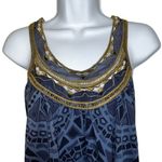 Anthropologie LANGUAGE LA Shades of Blue Hankie Hem Gold Embroidered Top XS Photo 2