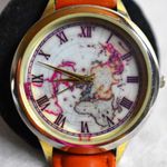 Accutime World Map Brown Leather 8.5" Band New Battery Unisex Watch Gold Photo 0