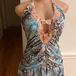 A New Day Stylish halter dress with a blue and white pattern. Features a unique neckline design. Photo 5