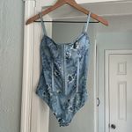 Free People Night Rhythm Printed Bodysuit M Blue Floral Corset Mesh Photo 1