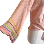 Ivy Jane  zig zag trim bell sleeve tie front top pink Sz S Photo 2