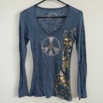 V Christina Y2K Burnout Long Sleeve Top Sz S Rhinestone Peace Sign Graphic Tee Blue Photo 7