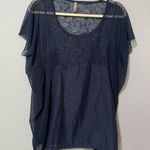 Free People Navy Blue Sheer Short Sleeve Blouse Womens S Lace Boho Fall Flutter Photo 0