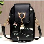 Chic Embroidered Cat Pearls Crossbody Phone Bag Magnetic Closing Black Photo 0
