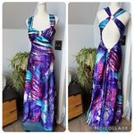 Betsy and Adam ‎ Dress Long Gown Open Back Sz 10 Jeweled Colorful Animal Print Prom Photo 1