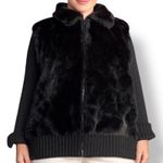 Vintage 90s Black Faux Fur Front Zip Jacket Ribbed Knit Collared XL Classic Warm Photo 0