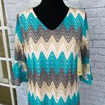 Tacera open knit fully lined 3/4 bell sleeve chevron print dress women sz Med Photo 3