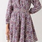J Crew Linen Dress Womens Small Palermo Smocked Waist Pockets Puff Sleeve Floral Purple Photo 0