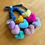 Handmade  Colorful Fluffy Heart Hand Bag, Adjustable Shoulder Strap, Blue, Denim Photo 2