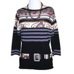 Feratelli Blue Stripe Retro Vintage 3/4 Sleeves Stretch Knit Round Neck Top M Black Size M Photo 1
